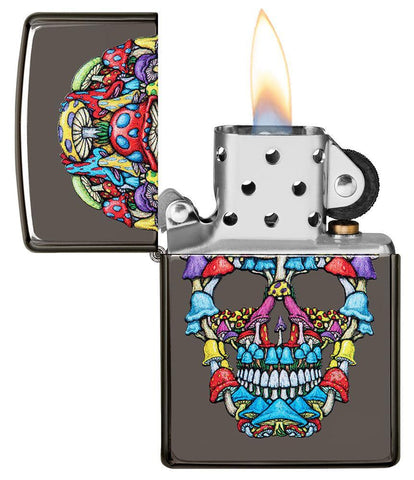 Mushroom Skull Design Black Ice Windproof Lighter with its lid open and lit,