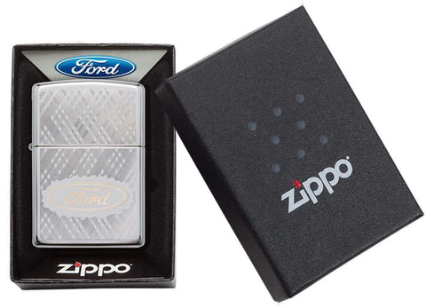 Ford High Polish Chrome Windproof Lighter in its packaging