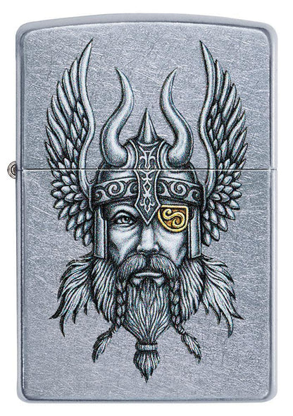 Front view of Viking Warrior Design Street Chrome Windproof Lighter