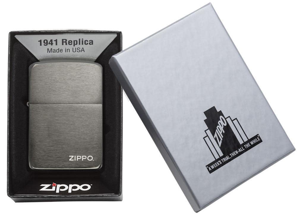 Front view of the Black Ice 1941 Replica with Zippo logo Lighter in one box packaging