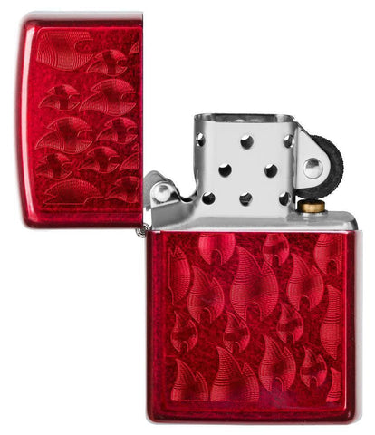 Iced Zippo Flame Design Candy Apple Red Lighter open and unlit