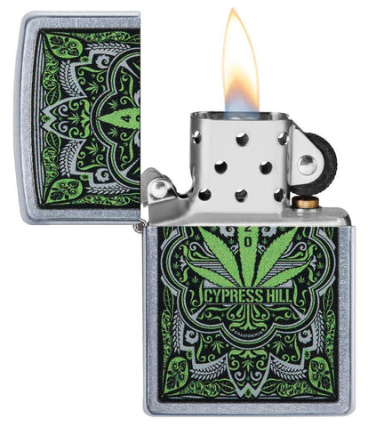Cypress Hill Street Chrome Lighter with its lid open and lit