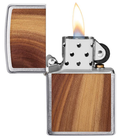 Woodchuck USA Cedar Windproof Lighter open and lit