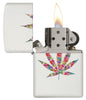 Floral Weed Design White Matte Windproof Lighter with its lid open and lit.