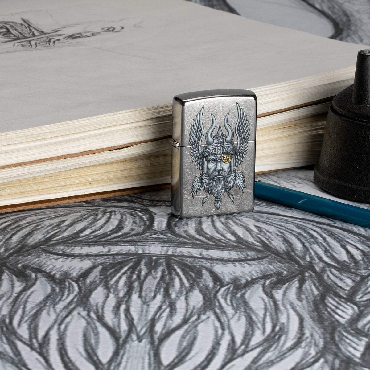 Lifestyle Image of Viking Warrior Design Street Chrome Windproof Lighter