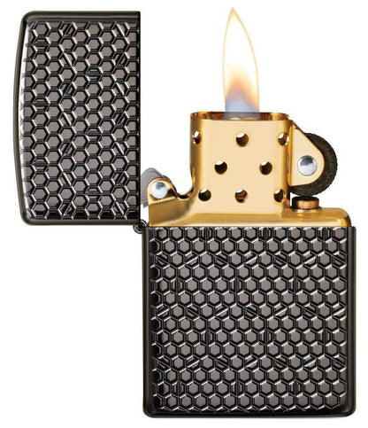 Hexagon Design Black Ice Windproof Lighter with its lid open and lit