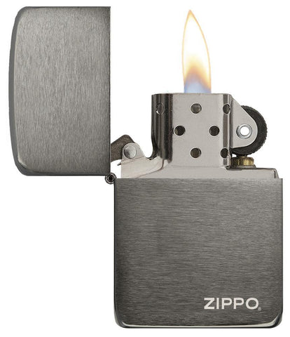 Front view of the Black Ice 1941 Replica with Zippo logo Lighter open and lit 