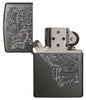 Iced Paisley Gray Windproof Lighter with its lid open and unlit