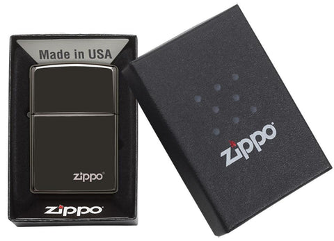 Classic High Polish Black Zippo Logo Windproof Lighter in its packaging.