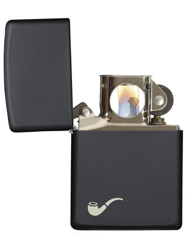 Black Matte Pipe Lighter with White Pipe Corner Symbol with its lid open and lit