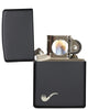 Black Matte Pipe Lighter with White Pipe Corner Symbol with its lid open and lit