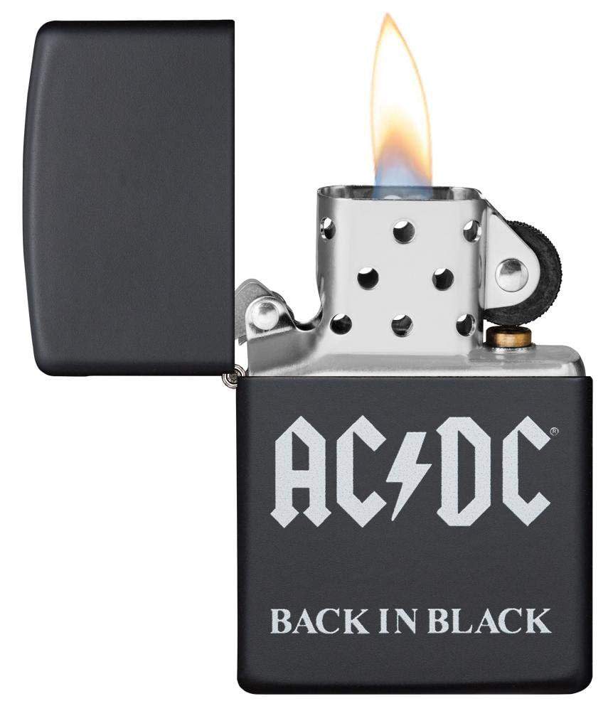 AC/DC® Back In Black windproof lighter with its lid open and lit