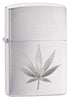 Front shot of Chrome Marijuana Leaf Design Brushed Chrome Windproof Lighter standing at a 3/4 angle