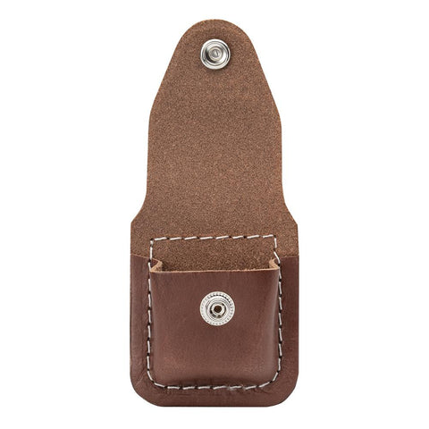 Brown Lighter Pouch- Clip with the clip and flap lifted open 