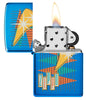 Retro Zippo Design High Polish Blue Windproof Lighter with its lid open and lit.