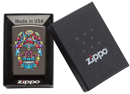 Mushroom Skull Design Black Ice Windproof Lighter in packaging,