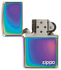 Classic Multi Color Zippo Logo Windproof Lighter with its lid open and unlit.