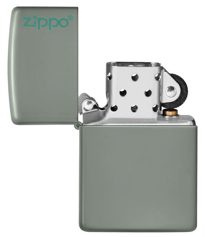 Classic Sage Zippo Logo Windproof Lighter with its lid open and unlit.
