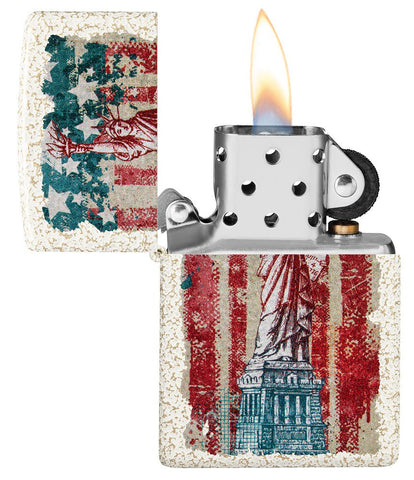 Statue of Liberty Design Mercury Glass Windproof Lighter with its lid open and lit.