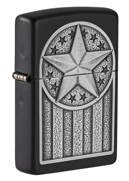 Front shot of American Metal Emblem Black Matte Windproof Lighter standing at a 3/4 angle.