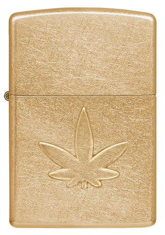 Front view of Cannabis Design Stamped Leaf Tumbled Brass Windproof Lighter.
