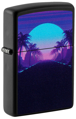 Front shot of Sunset Black Light Design Black Lighter Black Matte Windproof Lighter standing at a 3/4 angle.