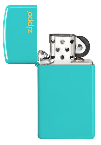 Zippo Slim Flat Turquoise Zippo Logo Pocket Lighter with its lid open and unlit.