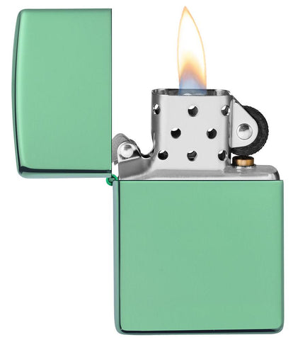 Classic High Polish Green Windproof Lighter with its lid open and lit
