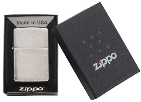 Front view of the Brushed Chrome Lighter in one box packaging 