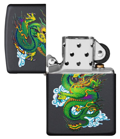 Black Matte Dragon Lighter with its lid open and unlit