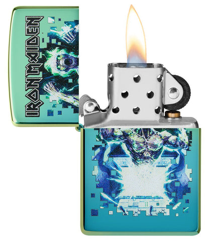 Iron Maiden Eddie Design High Polish Teal Windproof Lighter with its lid open and lit.