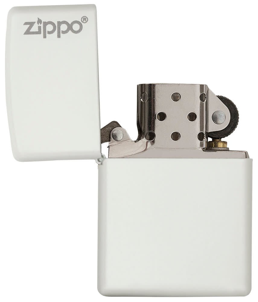 Classic White Matte Zippo Logo Windproof Lighter with its lid open and unlit.