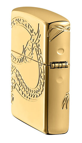 Angled shot of Armor® Asian Dragon 360-Degree Gold-Plate Windproof Lighter, showing the back and hinge side of the lighter