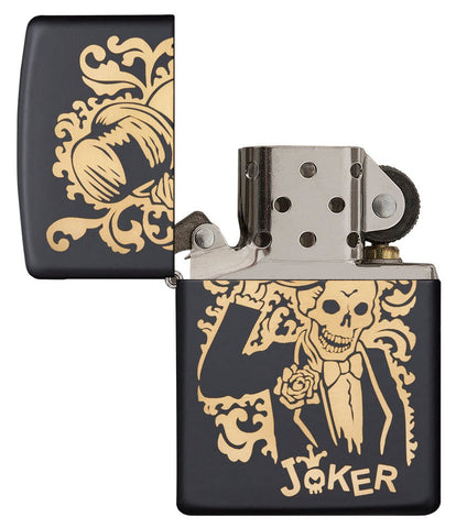Front view of the Joke Skeleton Tipping Hat with Bronze Swirls on Black Matte Lighter open and unlit.