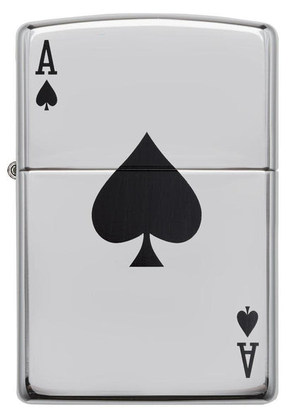 Black Ace of Spades Card High Polish Chrome Windproof Lighter Front View, Black Ace of Spades Card, Color Image, High Polish Chrome Finish