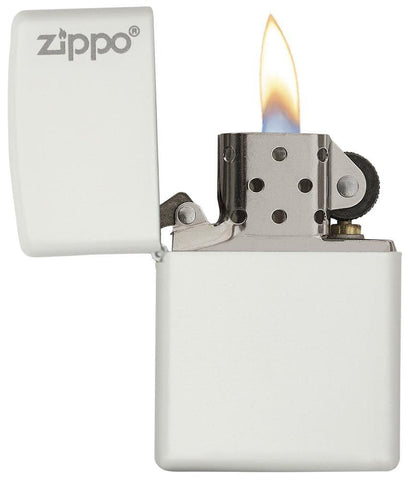 Classic White Matte Zippo Logo Windproof Lighter with its lid open and lit