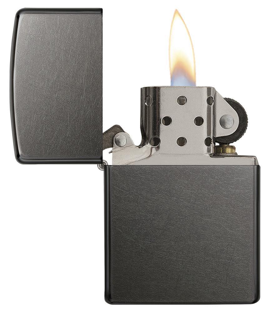 Classic Gray Windproof Lighter with its lid open and lit.