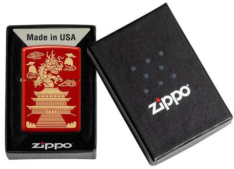 Eastern Design Dragon Design Metallic Red Windproof Lighter in its packaging.