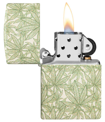 Cannabis Design 540 Color Leaves Windproof Lighter with its lid open and lit.