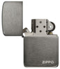 Front view of the Black Ice 1941 Replica with Zippo logo Lighter open and unlit 