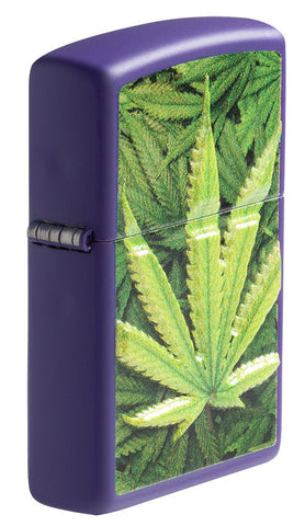Cannabis Design Texture Print Leaf Purple Matte Windproof Lighter standing at an angle, showing the texture print on the front.