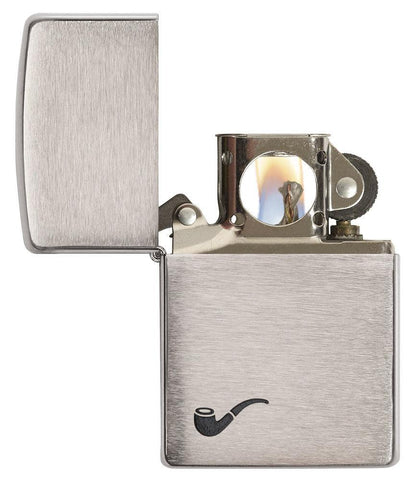 Brushed Chrome Pipe Lighter with Black Pipe Corner Symbol, with its lid open and lit