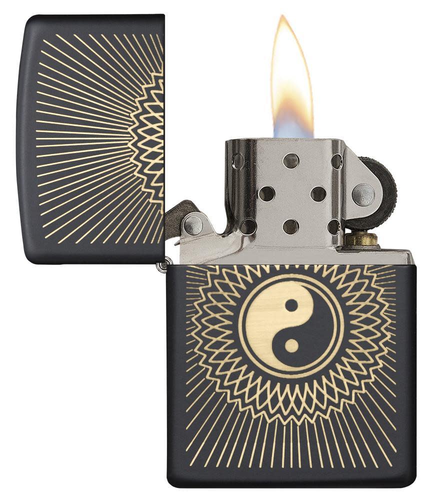 Yin & Yang 2 Black Matte Windproof Lighter with its lid open and lit.