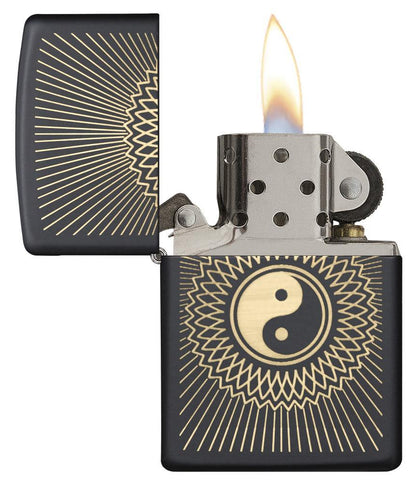 Yin & Yang 2 Black Matte Windproof Lighter with its lid open and lit.