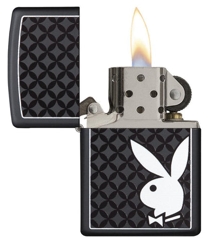 Front view of the White Playboy Bunny on Black Matte Lighter open and lit.