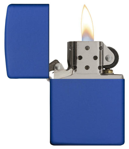 Front view of the Royal Blue Matte Lighter open and lit 