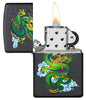Black Matte Dragon Lighter with its lid open and lit