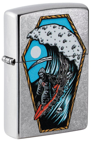 Front shot of Reaper Surfer Design Street Chrome™ Windproof Lighter standing at a 3/4 angle.
