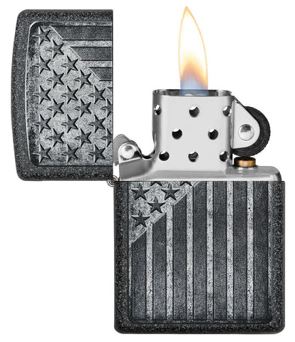 Stars and Stripes Design Iron Stone Windproof Lighter with its lid open and lit.