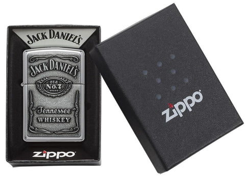 Jack Daniel's Tennessee Whiskey Emblem High Polish Chrome Windproof Lighter in packaging